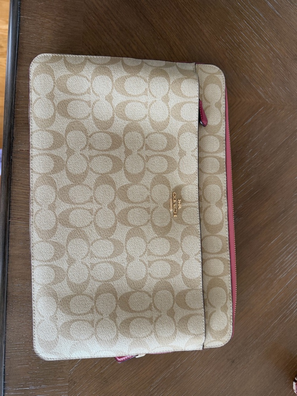 Coach Beige Signature Canvas Laptop Case with Pink Trim